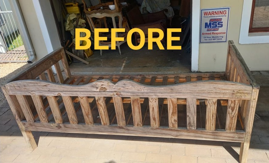 Before restoration - weathered sun-damaged daybed